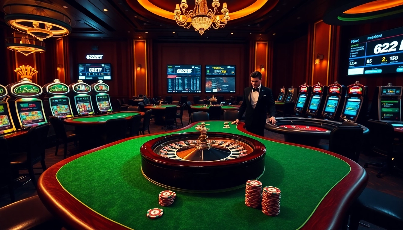 Players engaging with the luxurious 622BET digital casino scene, featuring vibrant slot machines and poker tables.