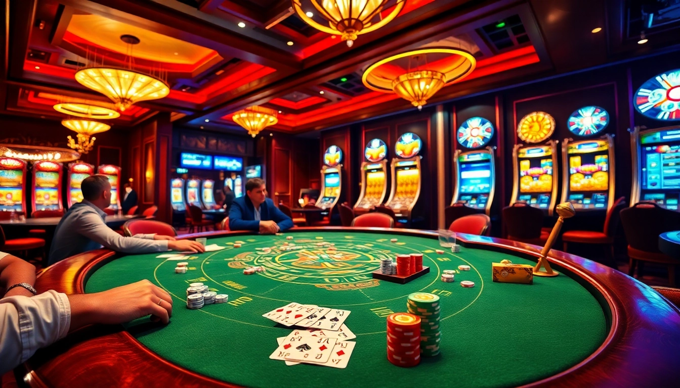 Exciting poker scene showcasing players at a table with cards and chips, inspired by https://okadabooks.com/ gaming.