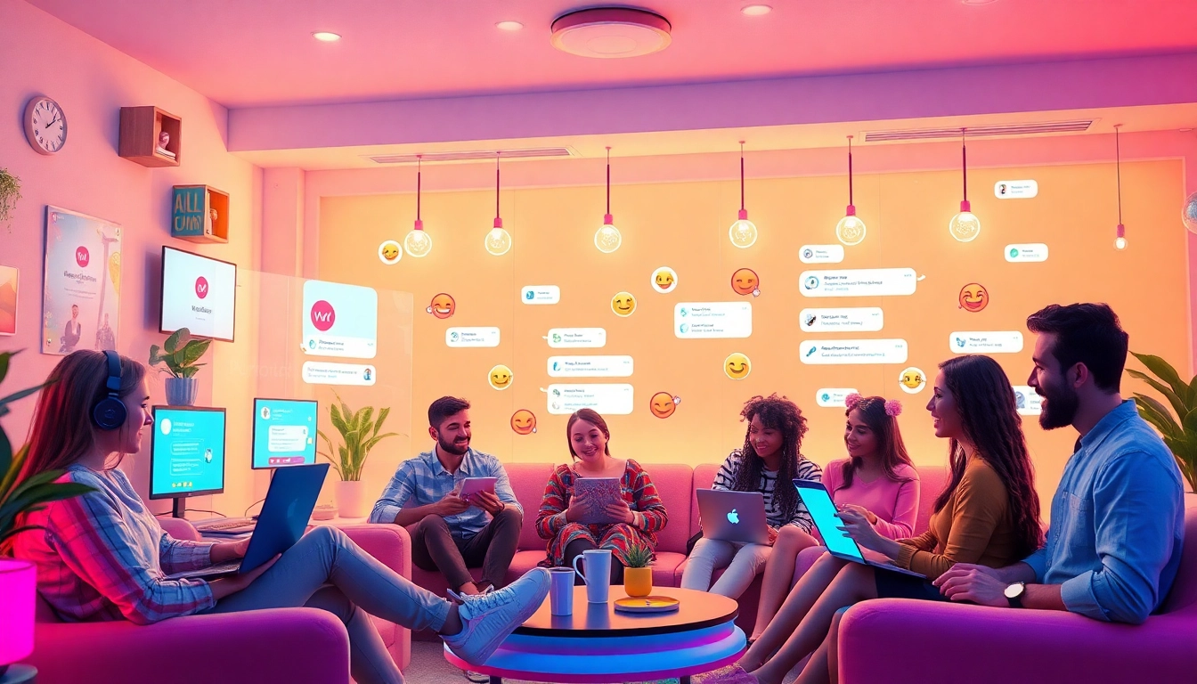 Engaging scene of diverse characters enjoying free sex AI chat interactions in a vibrant virtual environment.