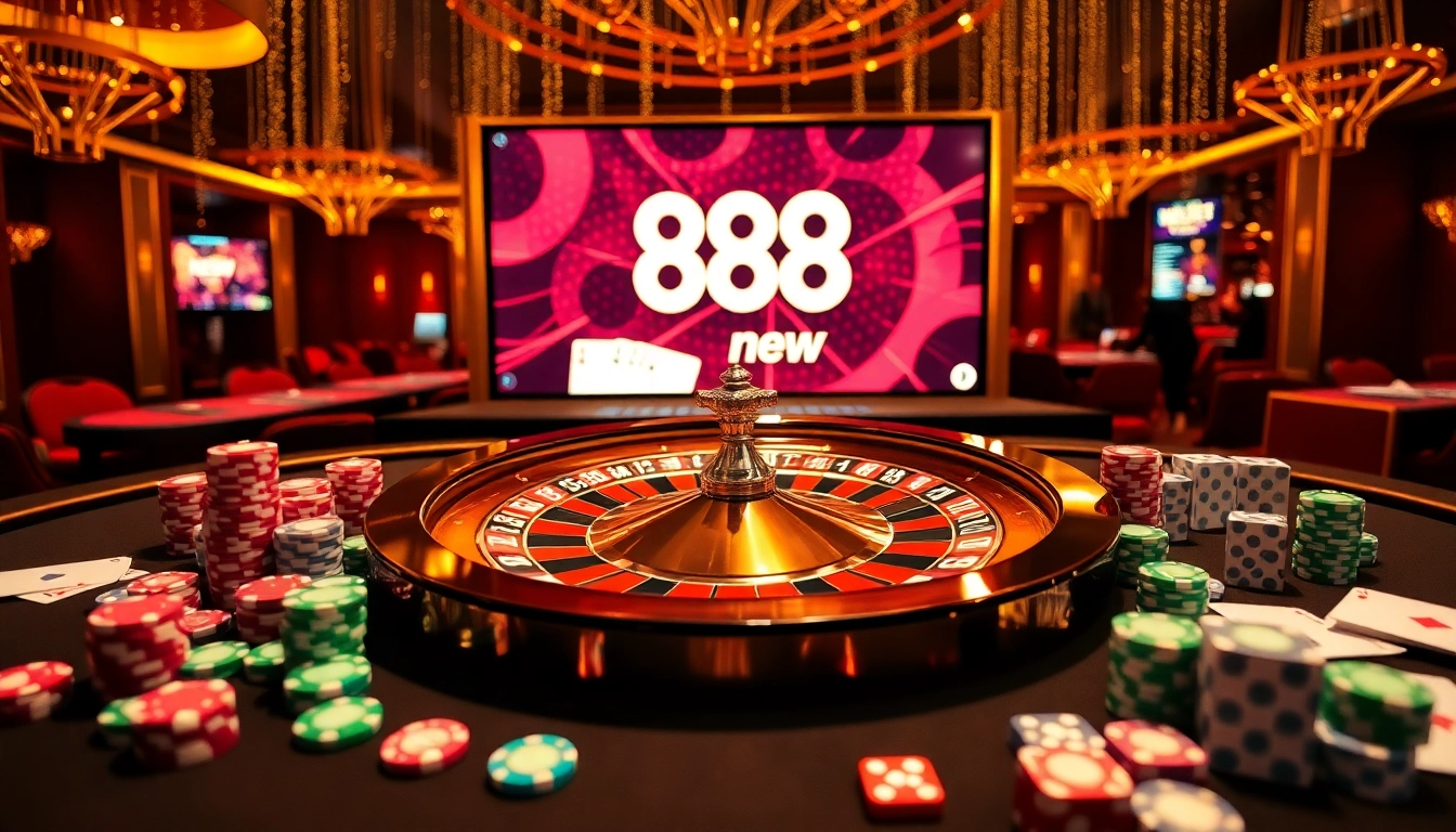 Players enjoying games at 888 new casino with vibrant roulette wheel and dynamic atmosphere.