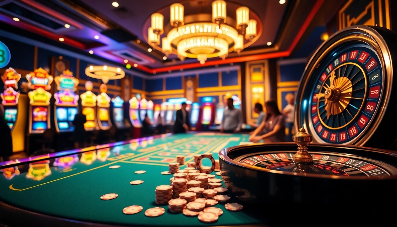 Players enjoy an exciting game at QQ88's vibrant casino table, surrounded by thrilling gambling elements.