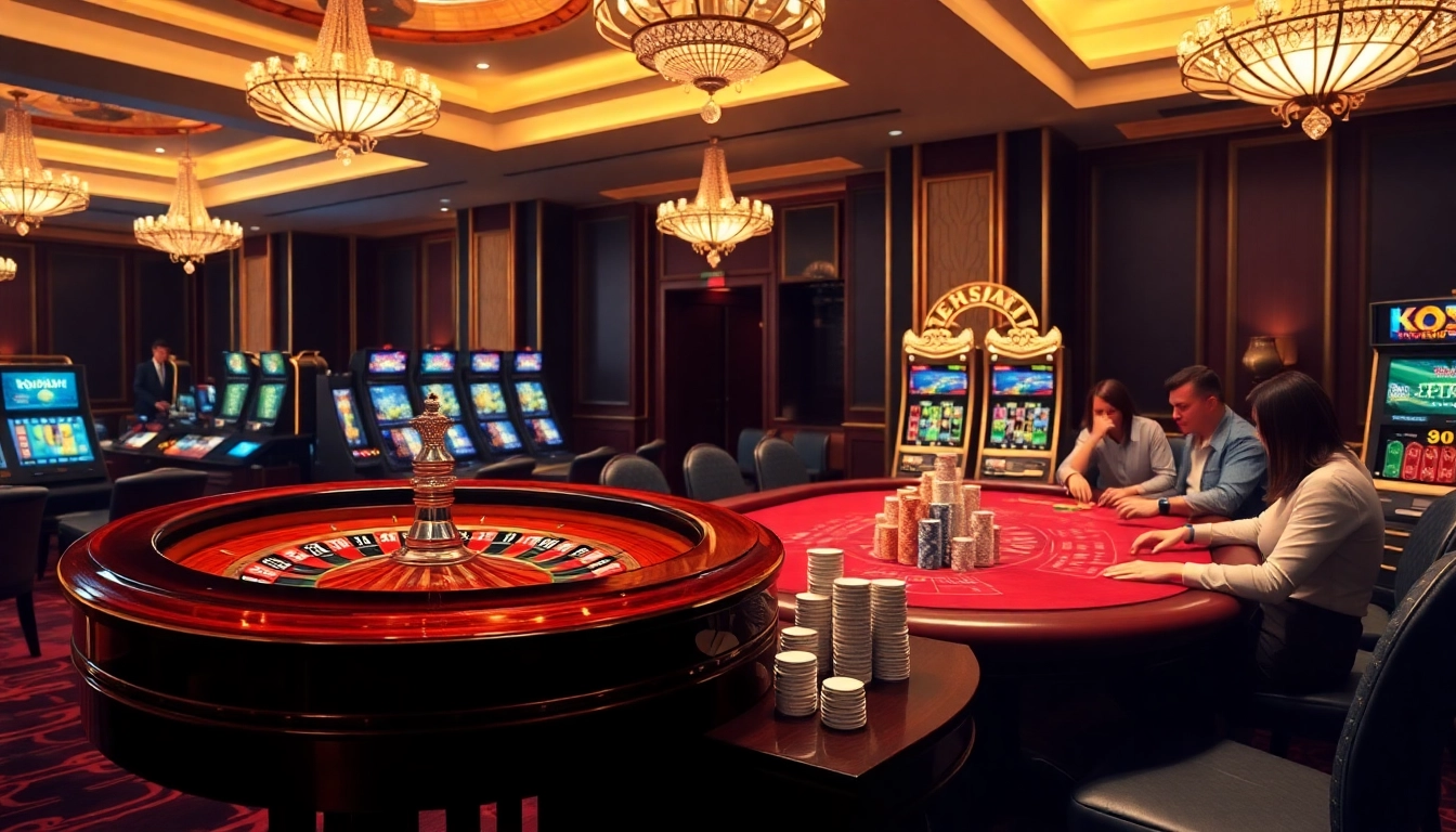 KJC gaming floor featuring a luxurious poker table, roulette wheel, and vibrant slot machines.