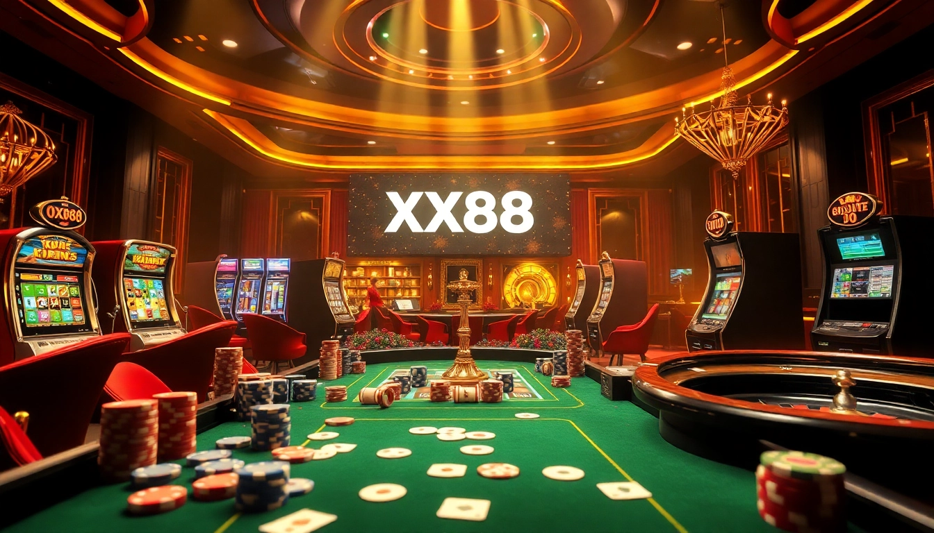 Winning poker strategy at the luxurious XX88 online casino with vibrant chips and cards.