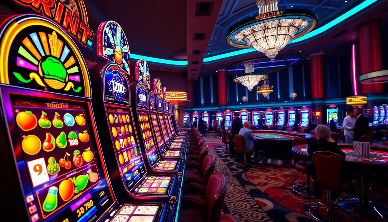 Engaged players enjoying various 슬롯사이트 games amidst vibrant casino visuals.