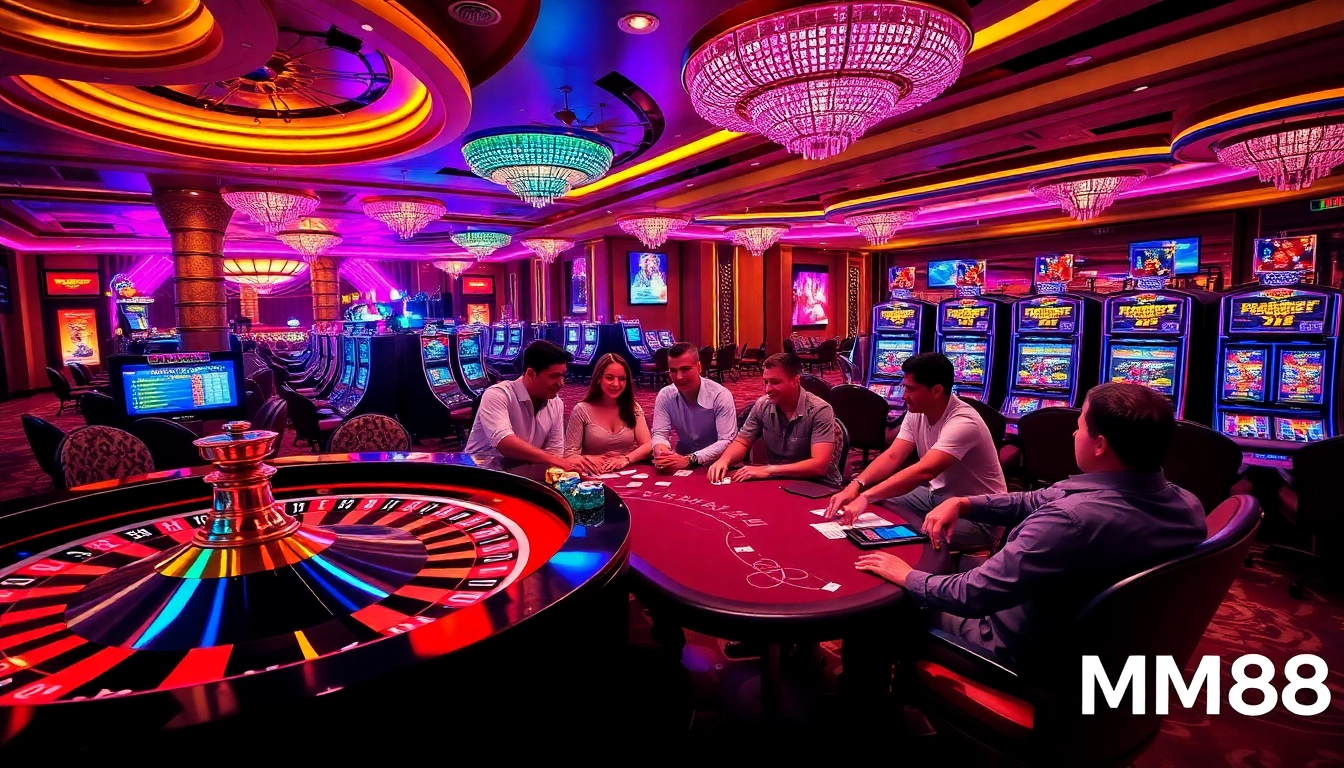 MM88 players enjoying a vibrant casino scene with roulette, poker, and slot machines.