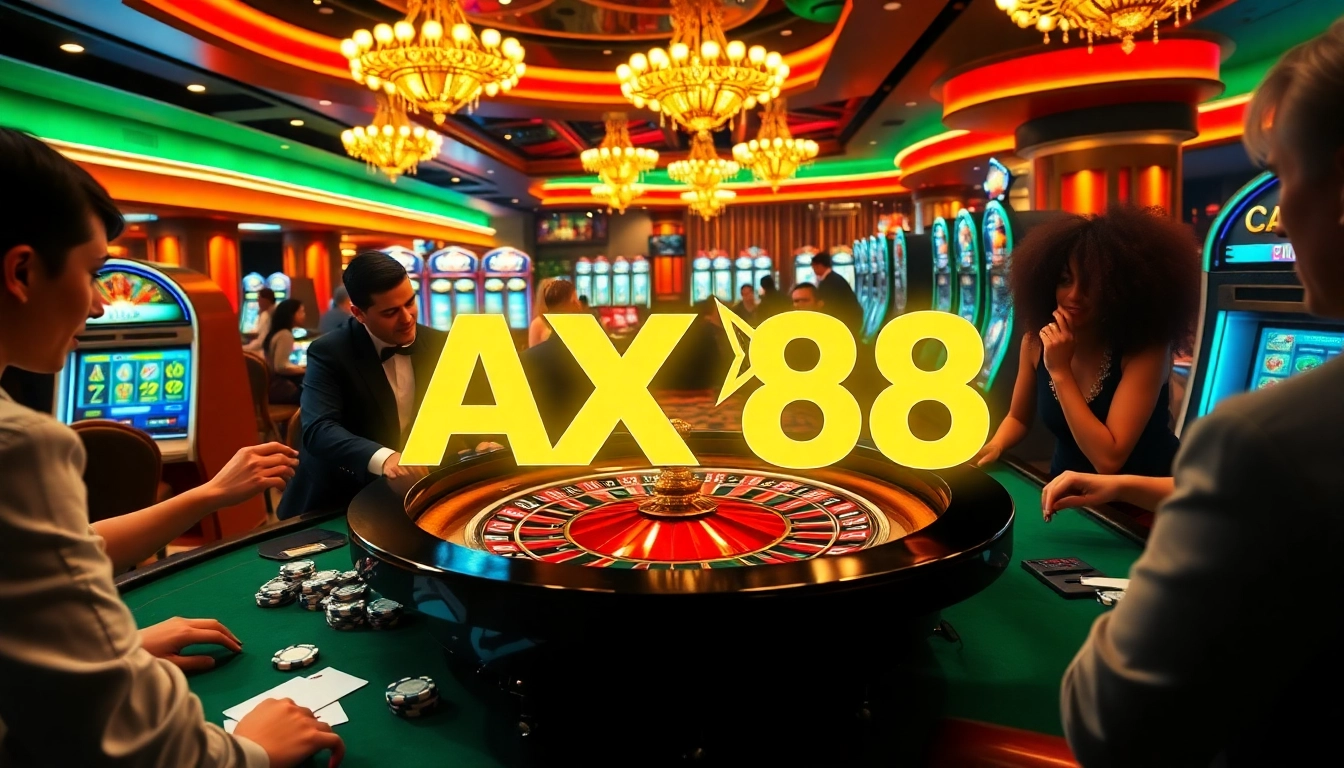 Experience the excitement of AX88 at a glamorous casino with roulette, cards, and vibrant players.