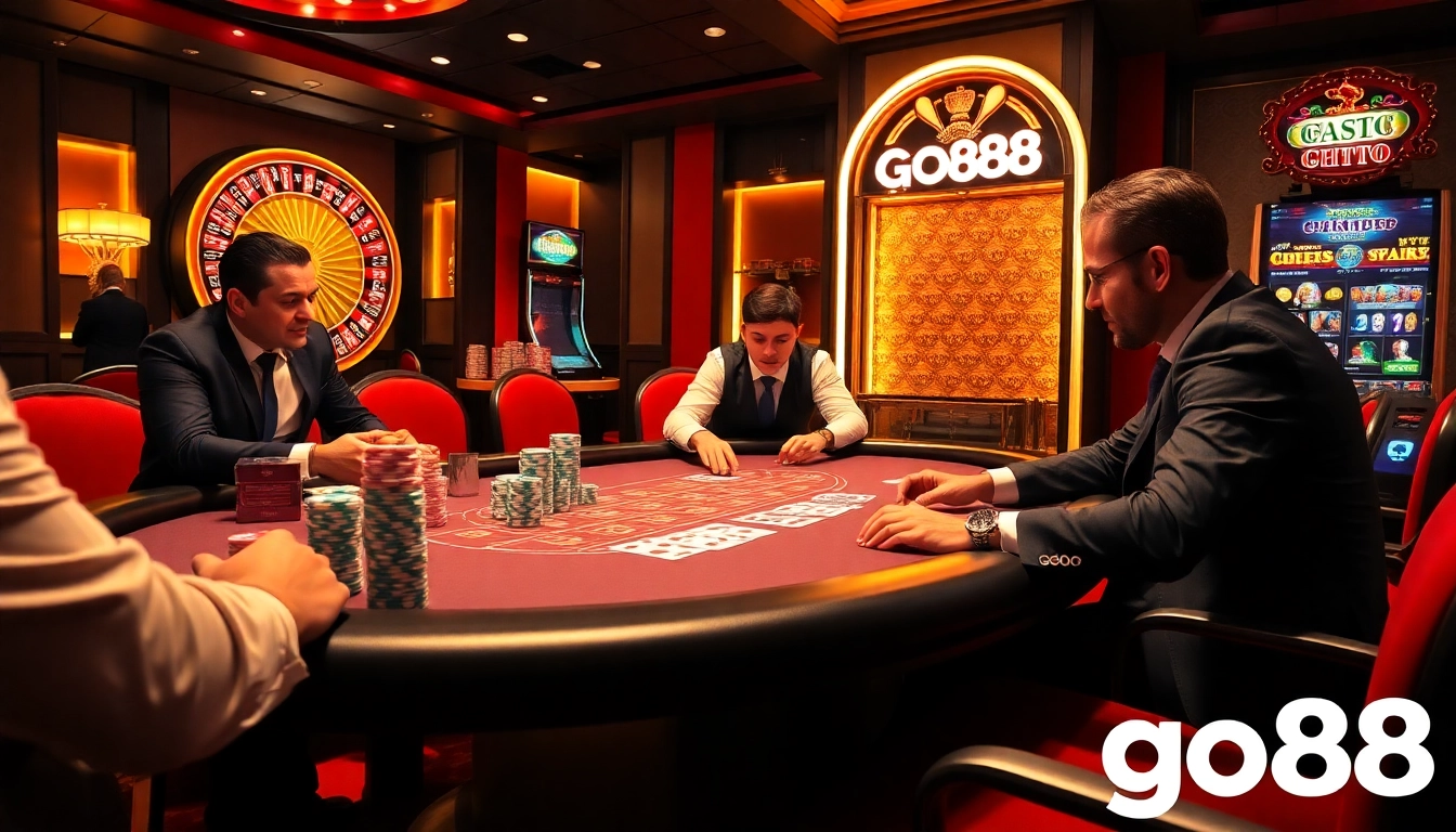 Players at a high-stakes poker table strategizing in a luxury casino scene - go88 gaming excitement.