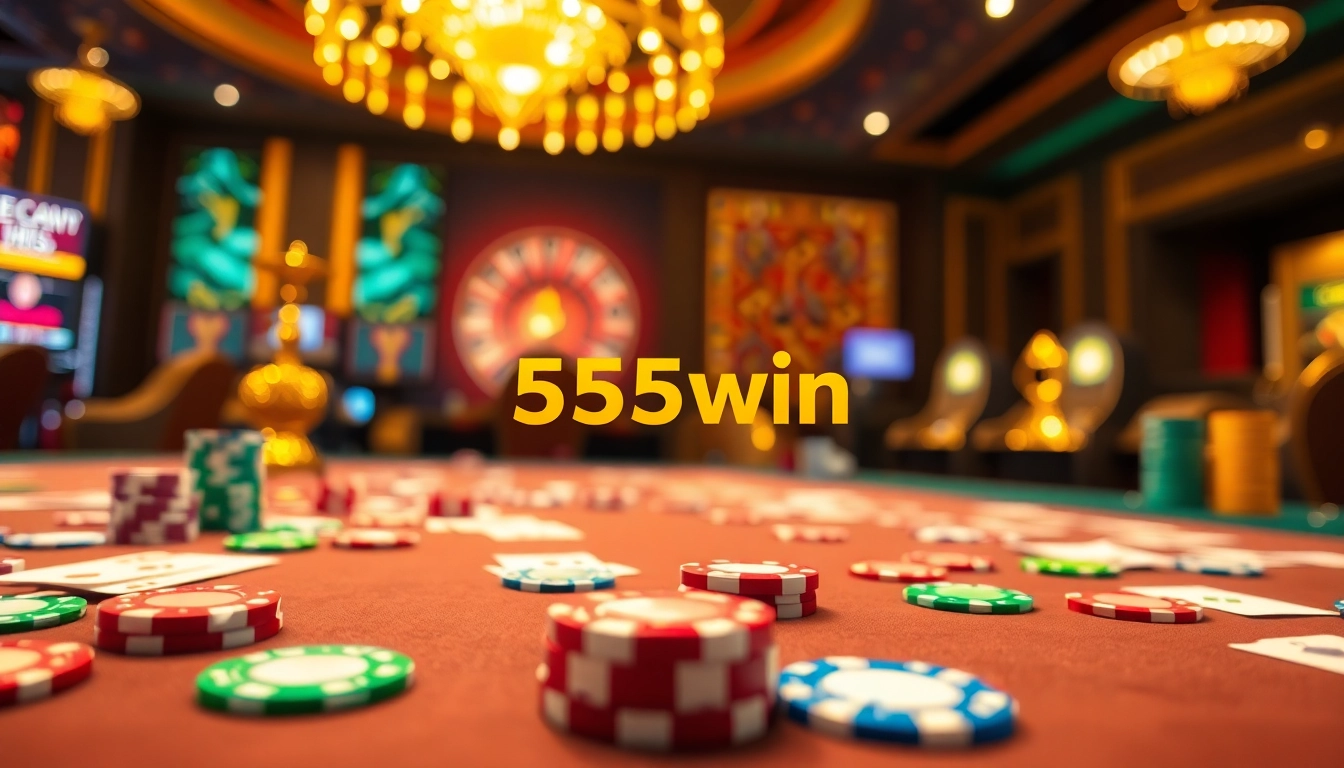 Experience excitement at the 555win casino with vibrant poker chips and roulette.