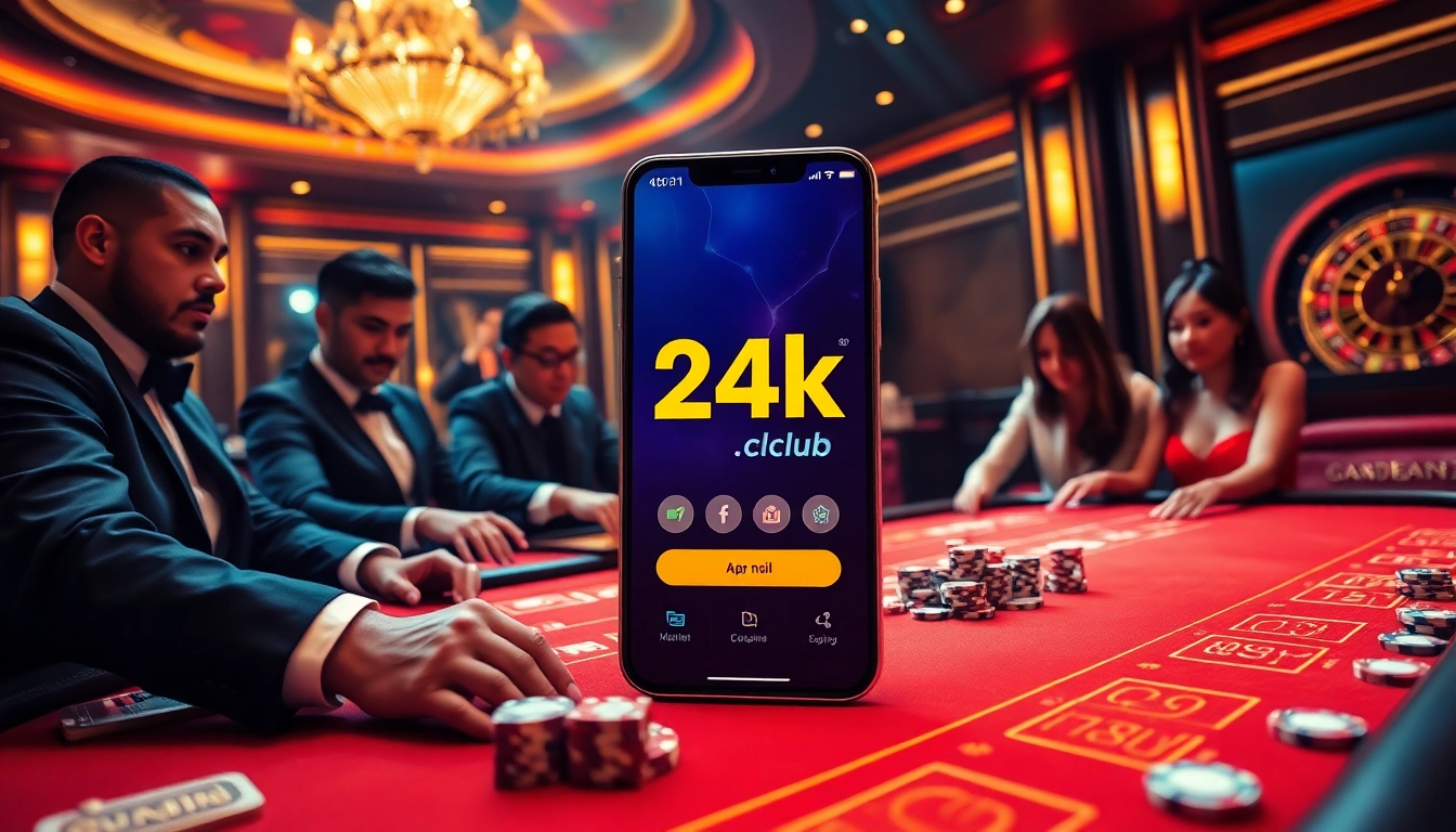Engage with the app 24kclub inside a luxurious casino scene featuring excited players and rich gaming elements.
