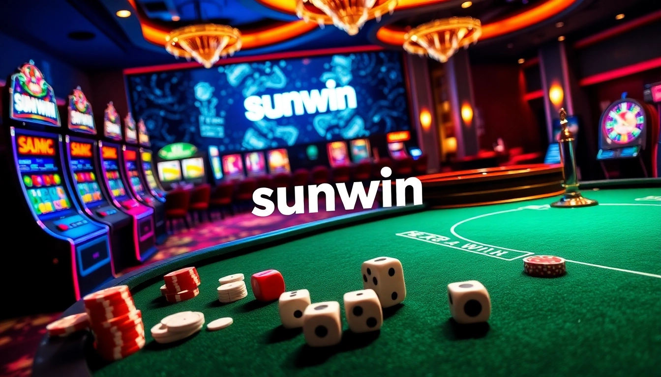 Experience thrilling gameplay with sunwin in a lavish casino setting, featuring poker and slot machines.