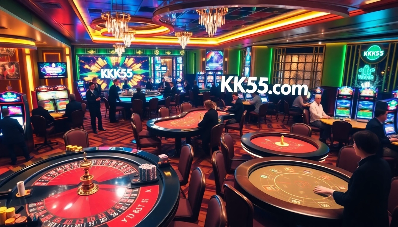 Engage with the vibrant atmosphere of KK55.com in an upscale casino, showcasing thrilling gaming activities.