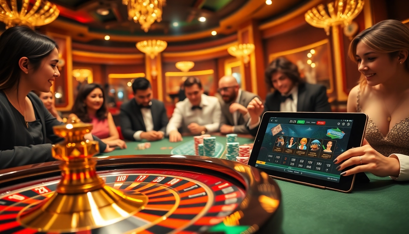 Exciting casino scene with players betting at https://23wini.online featuring a roulette wheel and poker chips.