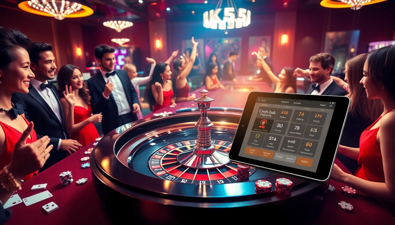 Excited players bet on a roulette table at a luxury casino inspired by KK55.com.