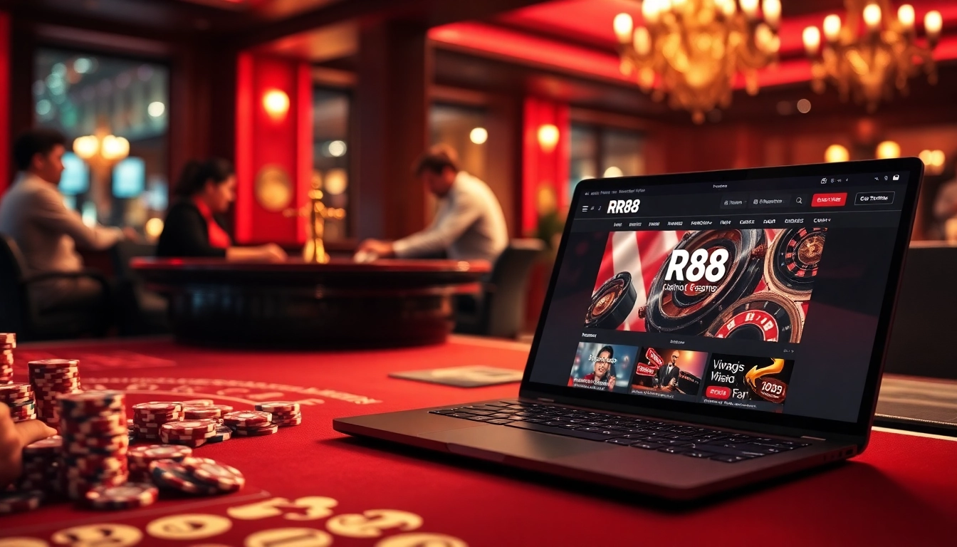 Engaging players at a casino table with poker chips and roulette, featuring https://rr88c.pro/ online interface.