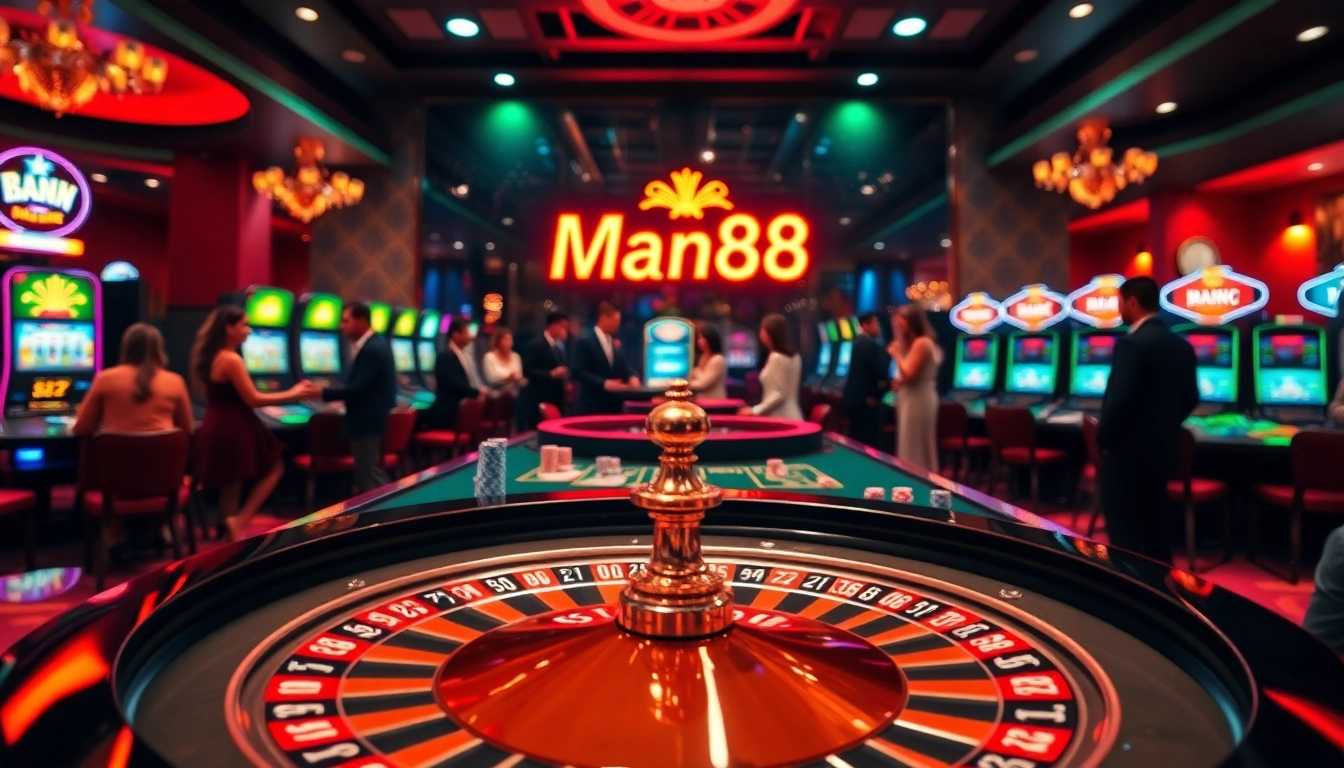 Players enjoying an exciting game at Man88's luxurious casino table filled with poker chips and vibrant slot machines.