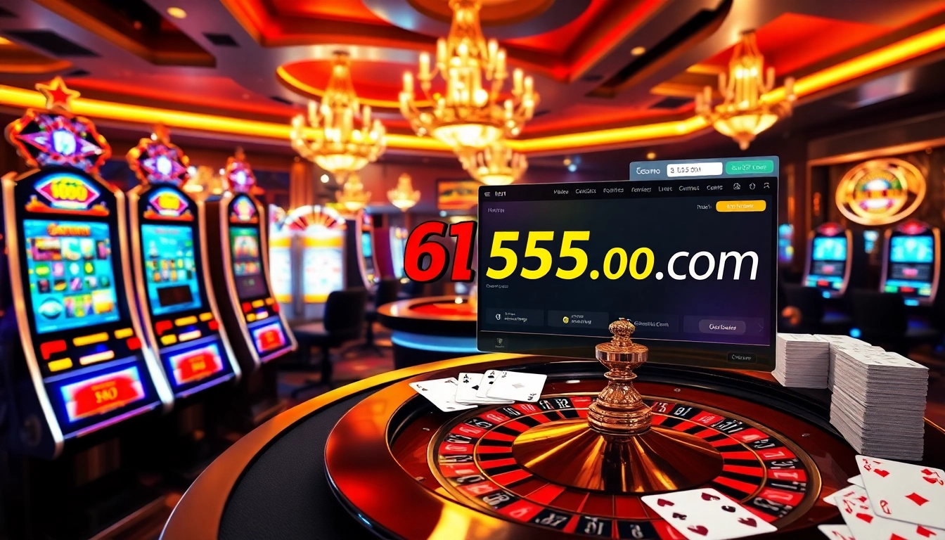 Experience the excitement of gambling with bl555 com's luxurious casino environment showcasing slot machines and poker tables.