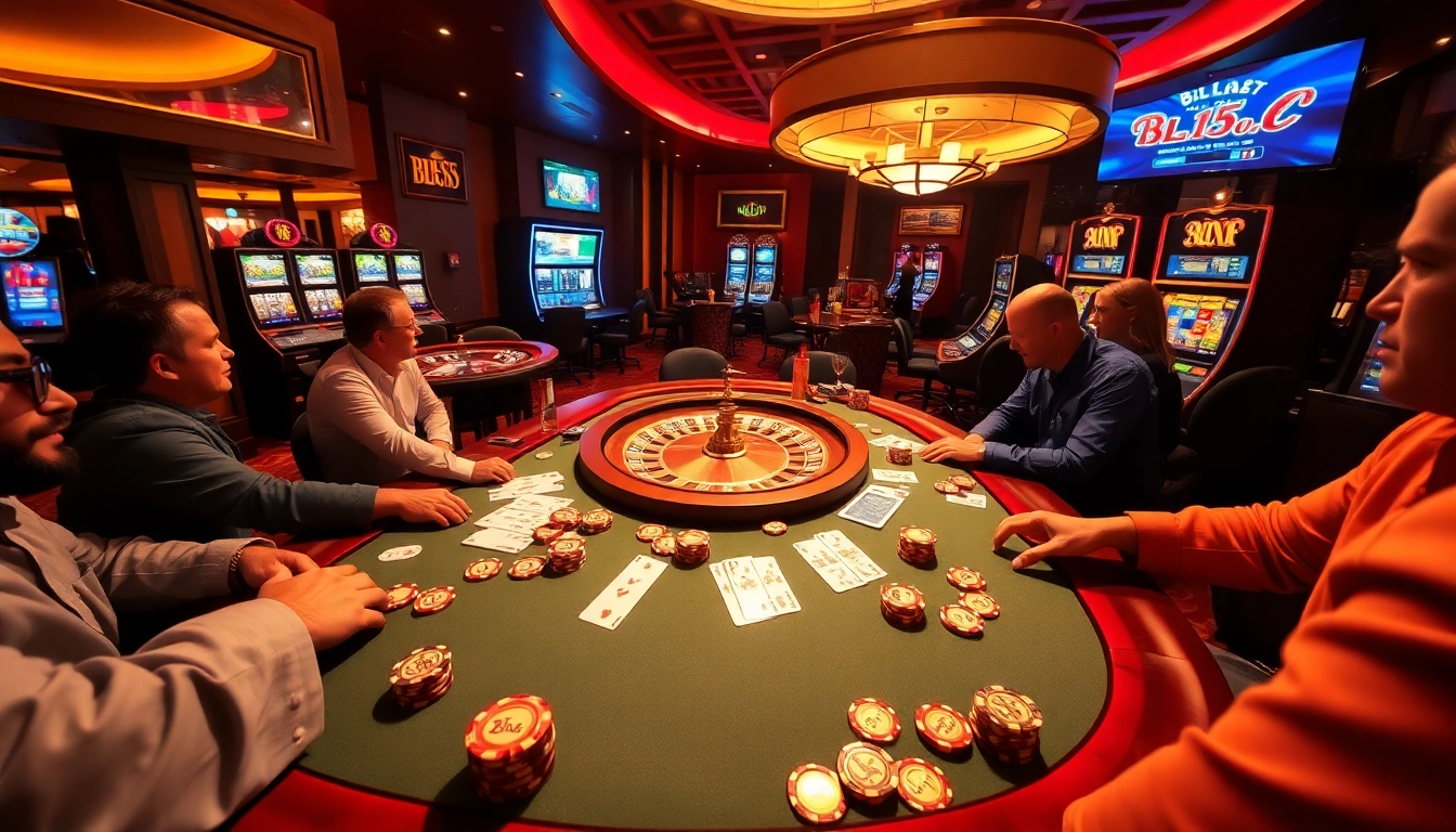 Players enjoying a vibrant casino atmosphere with BL555 branding on poker chips.