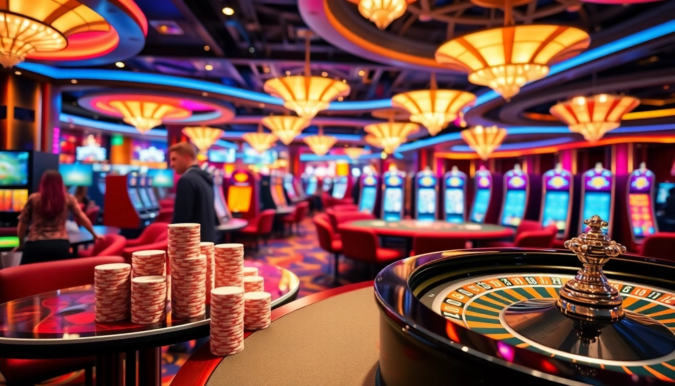 Exciting casino scene with vibrant gaming tables and slot machines at https://nh8833.com/ inviting players to bet.