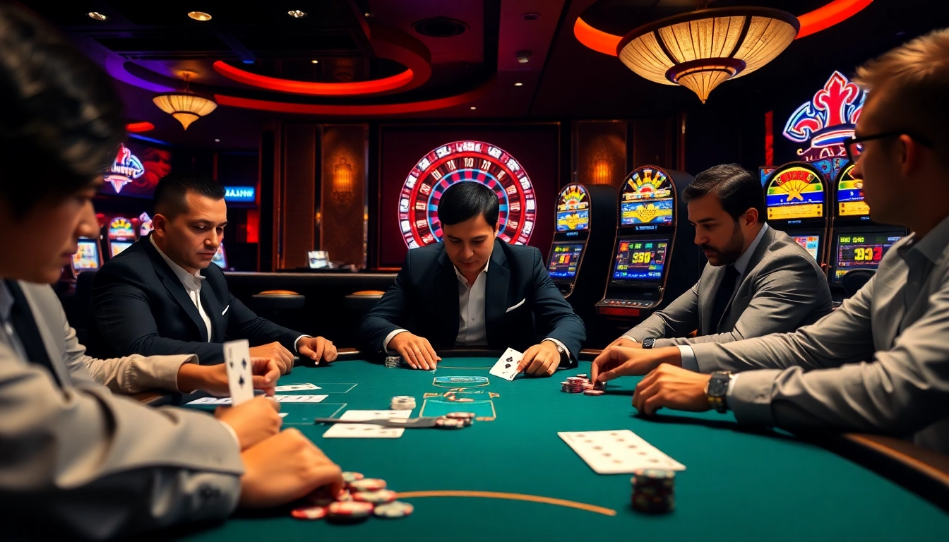Intense poker game scene at https://go88.fast/ with vibrant casino atmosphere.