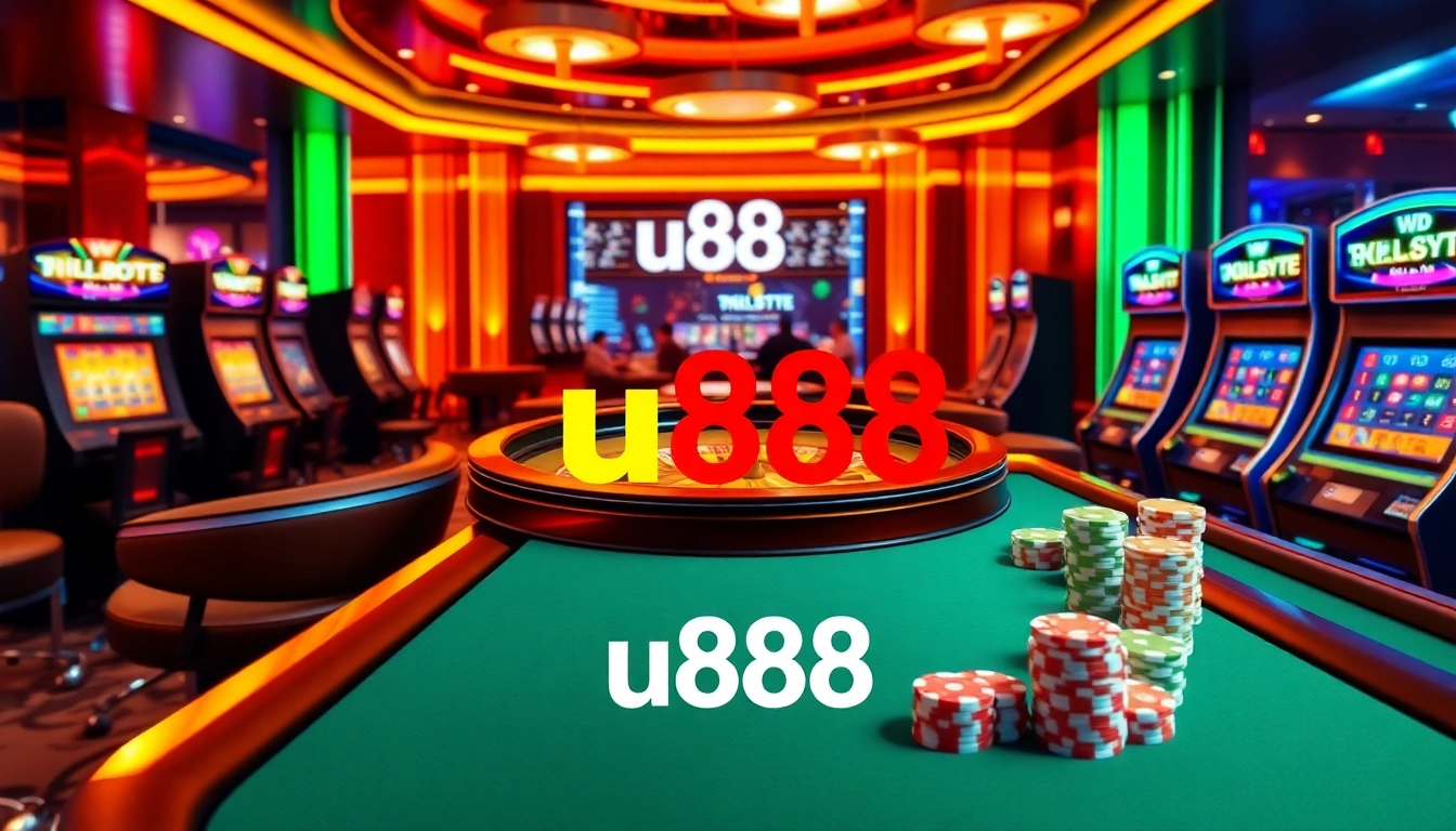 Engaging u888 online casino scene with roulette wheel, poker table, and vibrant slot machines.