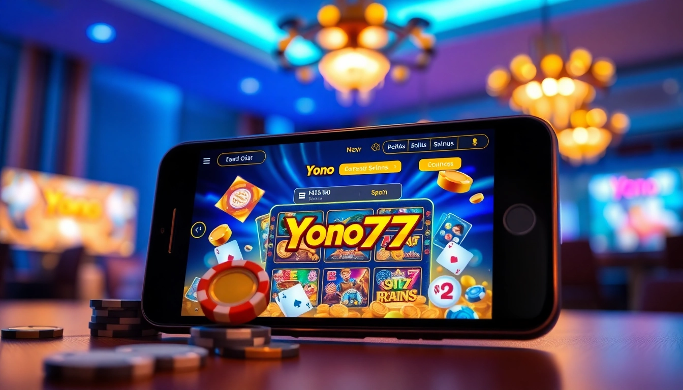 Engaging smartphone display featuring the Yono 777 gaming app interface with vibrant visuals and casino elements.